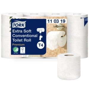 Papier toilette petit rouleau 3 plis Tork Ecolabel 155 feuilles blanc 9,8 x 12.3 cmColis de 7 x 8 rouleaux de 155.