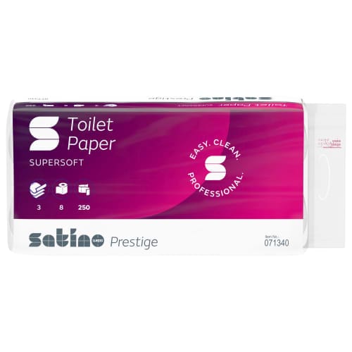 Papier toilette petit rouleau 3 plis WEPA 250 feuilles blanc 9,4 x 11 cm Ecolabel Satino Prestige byColis de 8 x 8 rouleaux de 250.