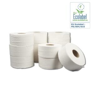 Papier toilette rouleau mini géant Paredes Ecolabel blanc 180m prédécoupé 8,4 x 24 cmColis de 12 rouleaux de 180m.