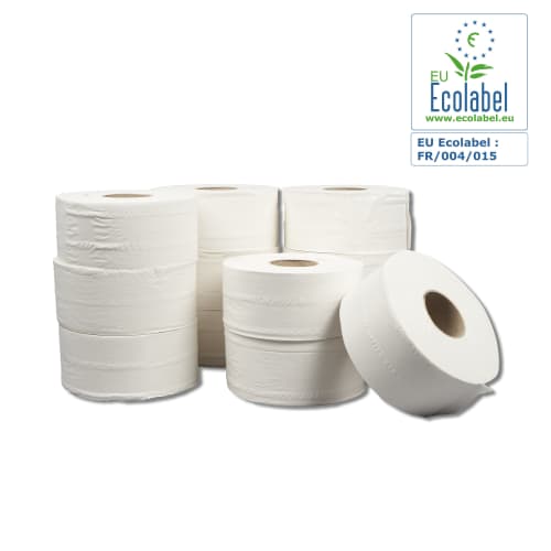 Papier toilette rouleau mini géant Paredes Ecolabel blanc 180m prédécoupé 8,4 x 24 cmColis de 12 rouleaux de 180m.